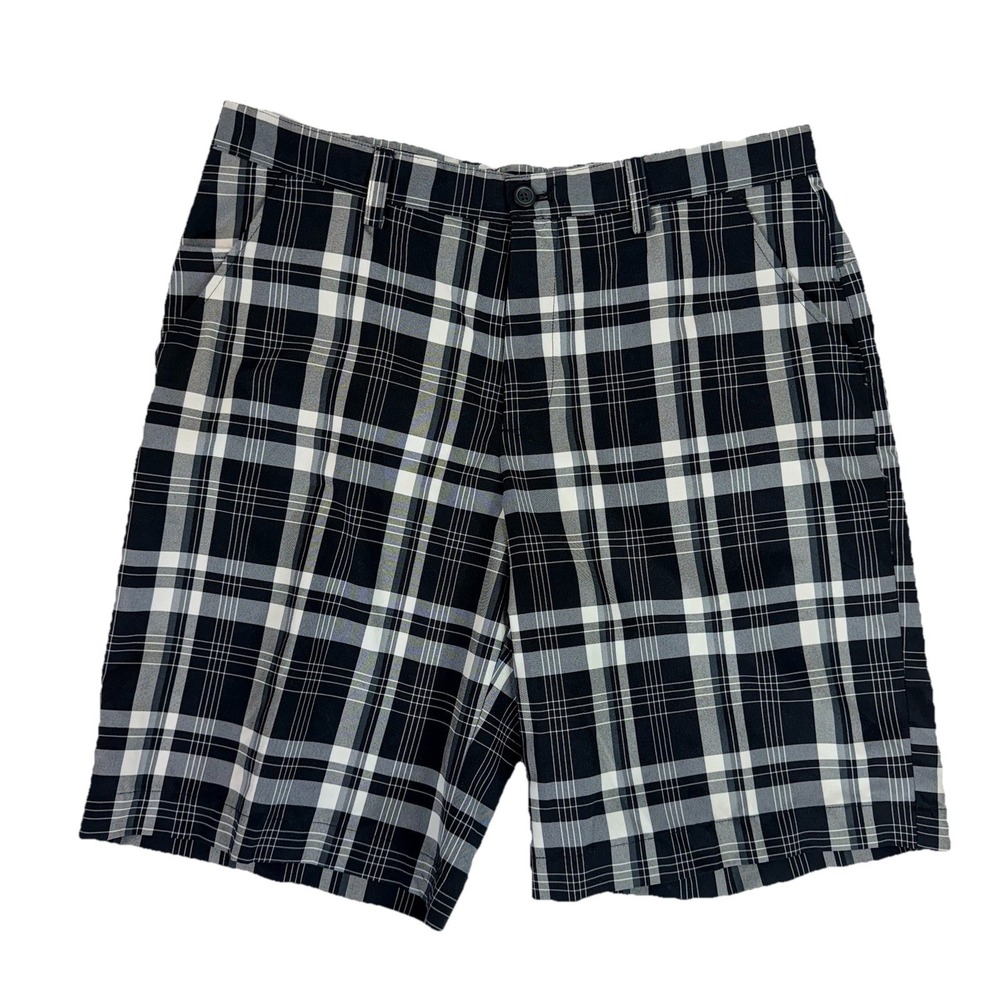 IZOD PERFORMX Golf Plaid Shorts Men's 36 Black White Performance Flat Front EUC